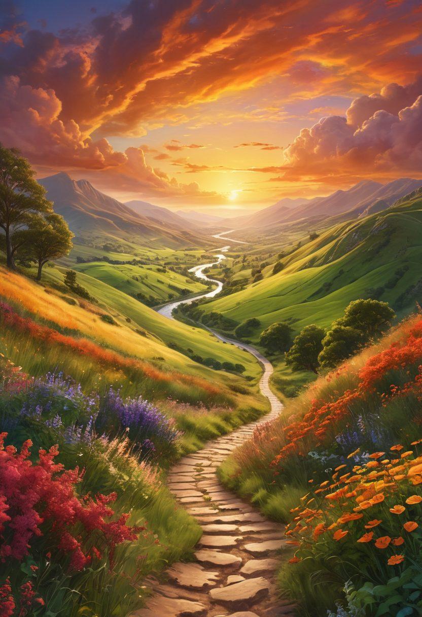 A vibrant landscape showcasing a winding path through lush green hills, dotted with motivational quotes on signposts. In the foreground, a diverse group of individuals engaging in outdoor activities like hiking, biking, and meditating, symbolizing empowerment and adventure. The sky is painted in warm sunset hues, radiating positivity and motivation. super-realistic. vibrant colors. uplifting atmosphere.
