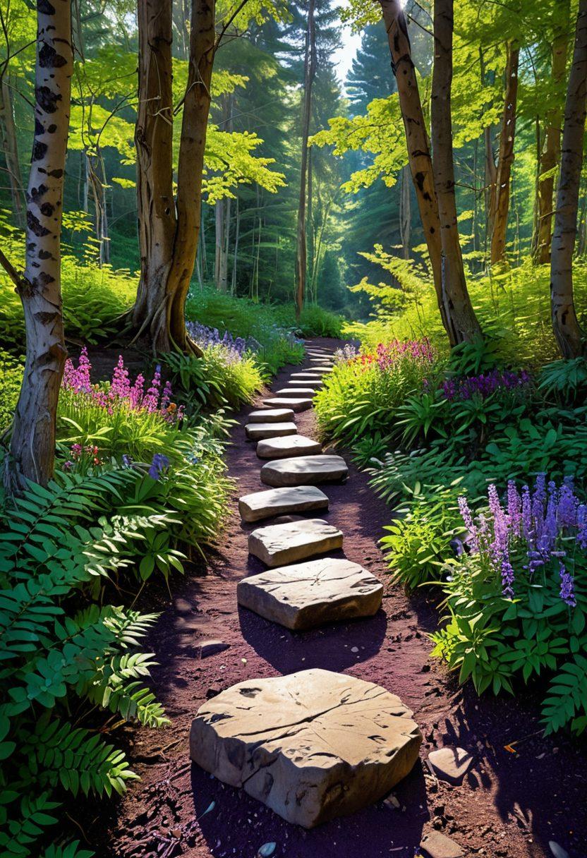 A tranquil scene depicting a winding path through a lush green forest, with soft sunlight filtering through the trees, symbolizing personal growth and mindfulness. Along the path, vibrant wildflowers bloom, and a figure meditating on a rock illustrates a serene lifestyle. Include subtle hints of various inspiring lifestyle elements, like a journal and a compass nearby. enchanting and uplifting atmosphere. super-realistic. vibrant colors.