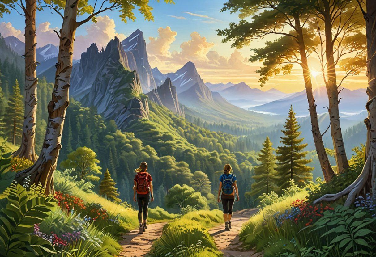 A scenic landscape featuring a winding road leading to a vibrant horizon, symbolizing adventure and inspiration. Include a hiker with a backpack, surrounded by lush greenery and mountains, showcasing the essence of travel and wellness. Integrate elements of health, like a smoothie or yoga mat by the trail. Soft sunlight filtering through the trees. painting. vibrant colors. natural light.